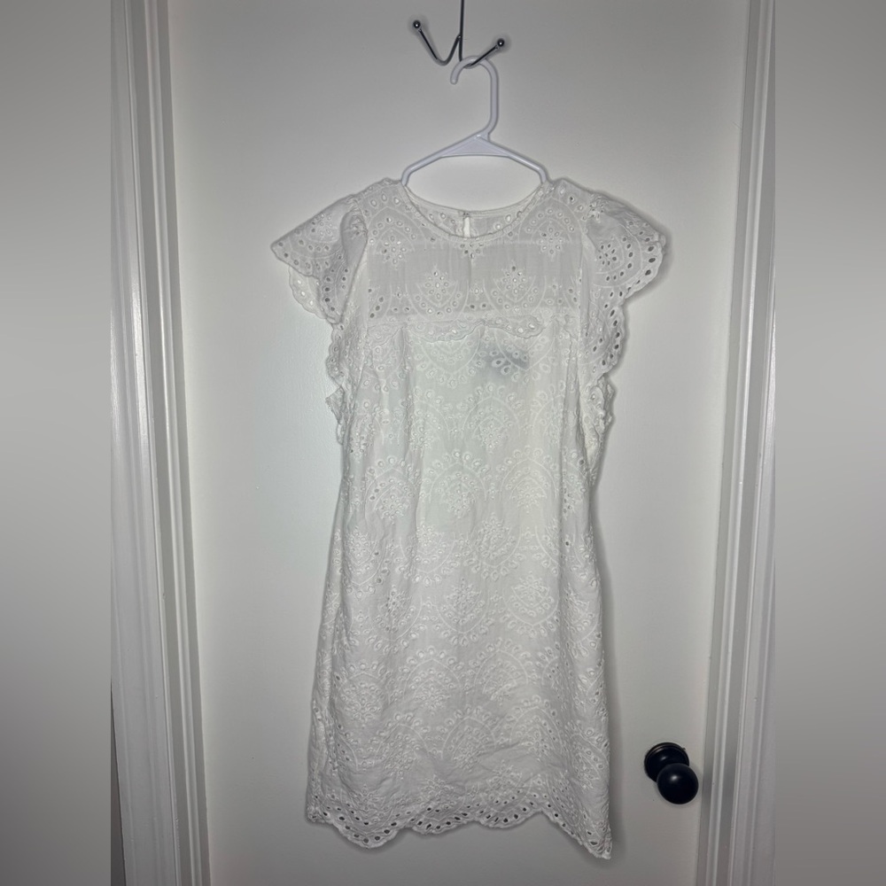 Sam Edelman White Eyelet Mini Lined Interior Cap Sleeves Scallop Hemline Large
